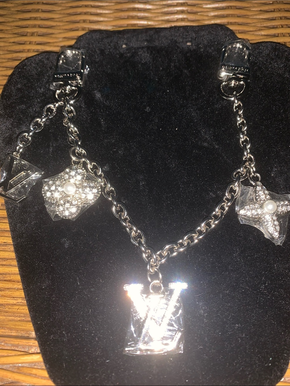 Silver Crystal monogram & Fleur bag Charm Chain